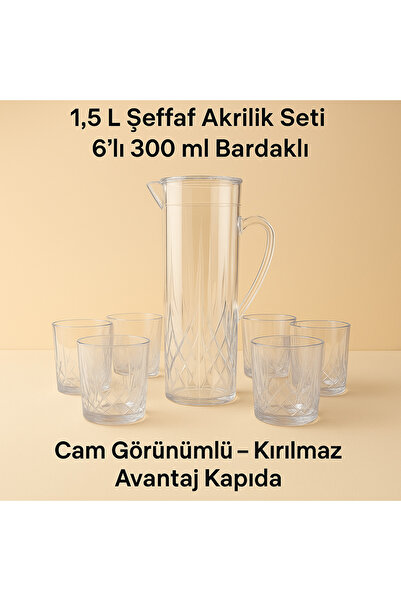 Mustran 1.5 L Clear Acrylic Pitcher and Set of 6 300 ml Water Soft Drink Ayran Cups Unbreakable, Home Workplace Restaurant