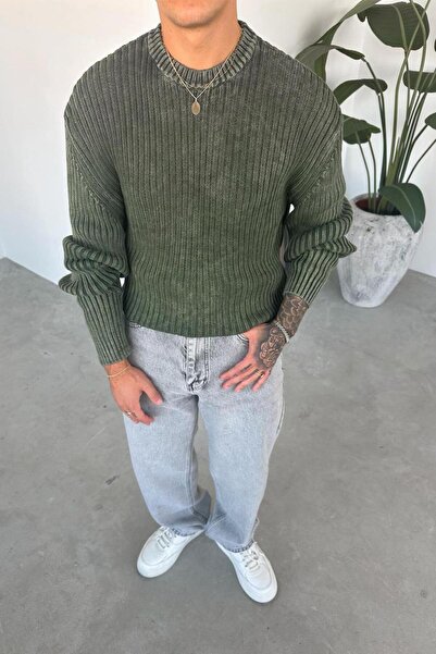 HAFKAGİYİM Khaki Acid Wash Ribbed Oversize Knit Sweater