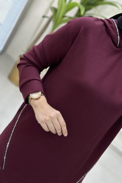 Armine Kapüşon ve Önü Taş Biye Detaylı Tunik ve Pantolon Kadın İkili Takım Bordo ARM 603