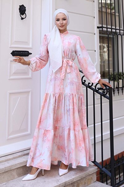 Bigdart Women's Patterned Long Hijab Dress 2586 - Powder