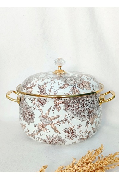 EBRULİEMAYE Cream Bird Enamel Lux Pot 5 Liters 24 cm Enamel Lid Milk Yogurt Stew Pot