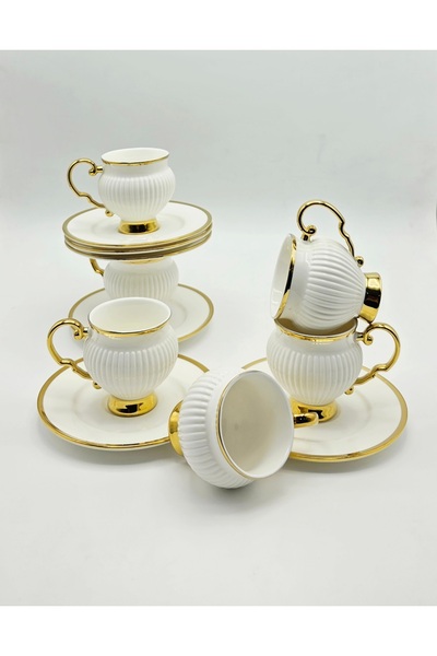 Tekbir GOLD DETAYLI KENDİNDEN ÇİZGİLİ PORSELEN KAHVE FİNCAN 12 Parça & 6 Kişilik