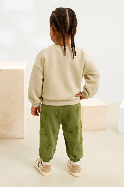 Uğur bebe Children's Tracksuit Set 3 Thread Non-Sharded Beige Sweatshirt & Green Cactus Patterned Bottom Casual Combination