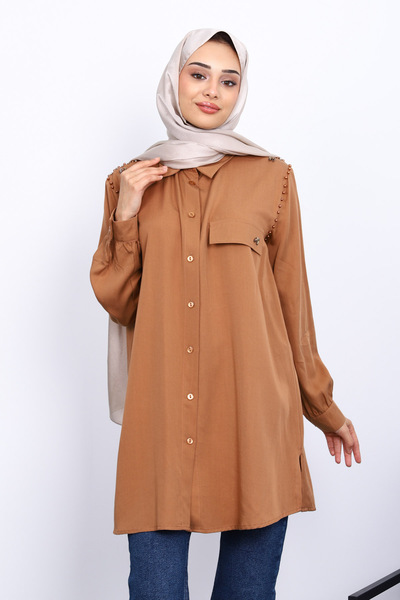 İmajButik Camel Tunic with Pearls on the Shoulders