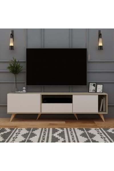 BAITY Rectangular TV Table with Fixed Base, 179 cm, Wooden Shelves and Drawers - Wooden and White Color
