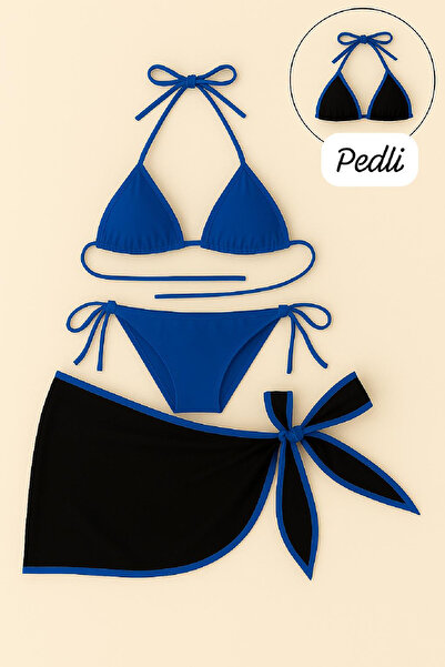 emosavm Women's Blue Pareo Side and Neck Tie 3-Piece Bikini Set