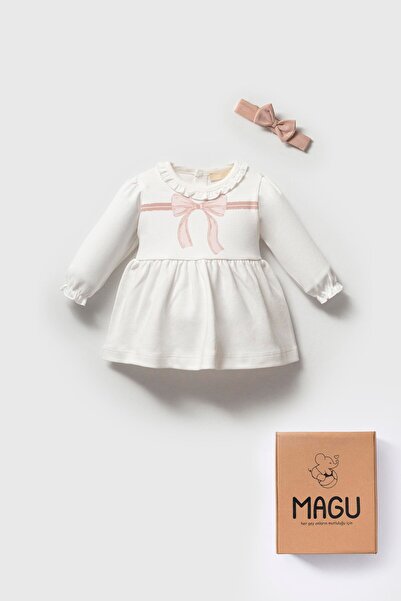 Magu Girls' Cotton Ecru Bow Long Sleeve Dress and Headband Set - Comfortable and Stylish