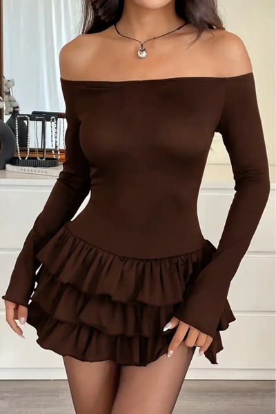 Edela Многослойна, с волани, с лодкаобразно деколте, рокля с дълги ръкави