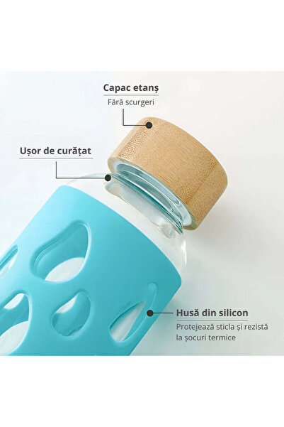 Köken 550ml borosilicate glass bottle, bamboo lid, silicone cover, cold/hot resistant, 23x6 cm, Turquoise