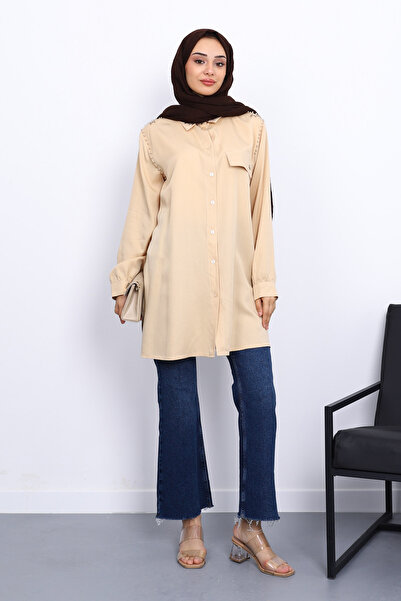 İmajButik Beige Tunic with Pearls on the Shoulders