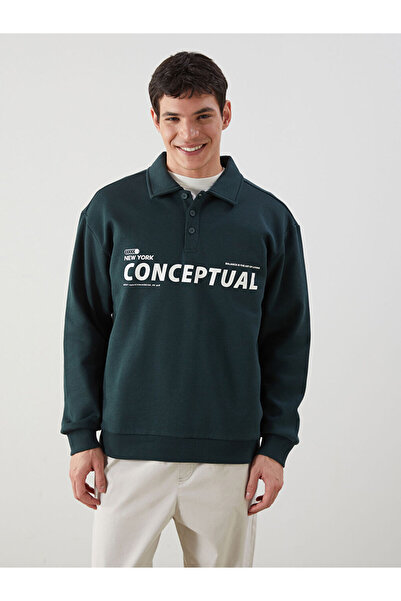 LC Waikiki Πράσινο μακρυμάνικο φούτερ με λαιμόκοψη με τύπωμα Ανδρικό χοντρό φούτερ