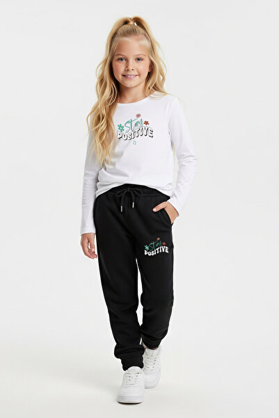 FYK COLLECTİON Zero Yaka Stay Positive Printed Girls' Basic Top-Bottom Set
