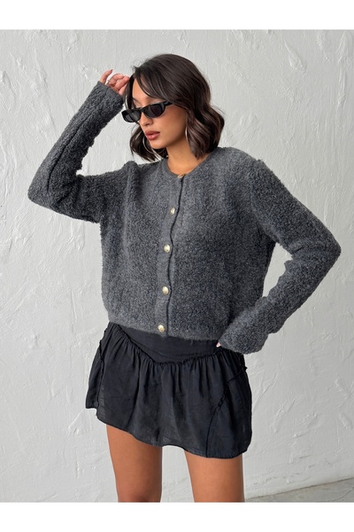 BEJNA Women's Anthracite Towel Woven Buttoned Knitwear Cardigan
