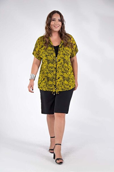 Roxxlen 8018 Δαντελένια μπλούζα με διχτυωτό πλέγμα Γυναικεία μπλούζα με διχτυωτό πλέγμα μεγάλου μεγέθους κίτρινο