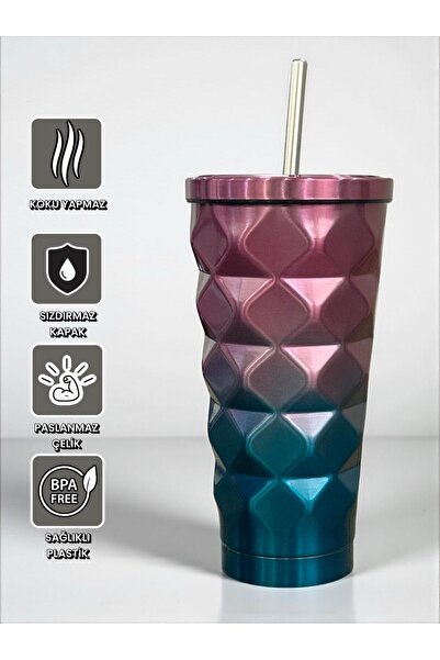 SANALTİCARETİM ترمس هندسي ملون بالتوت الأزرق مع مصاصة 500 مل - للمشروبات البا...