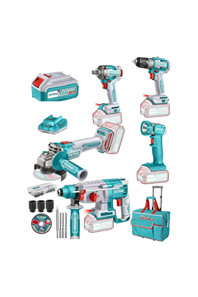 TOTAL Akülü 5'li Set El Feneri Avuç Taşlama Vidalama Darbeli Kırıcı Delici Matkap Somun Sıkma Sökme