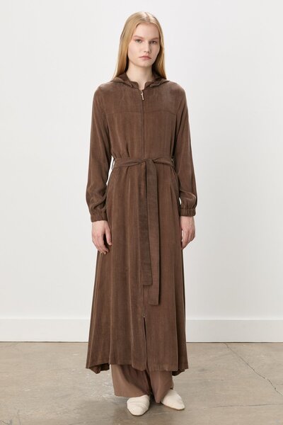 Nihan Premium Yanları Fermuarlı Kapşonlu Ferace Kahve