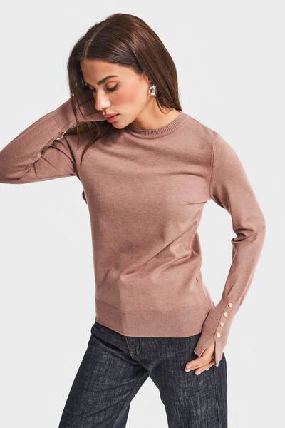 its basic Tricotaj tricotat pentru femei, culoare cafea, w5-76, cu mâneci cu gât rotund, cu accesorii