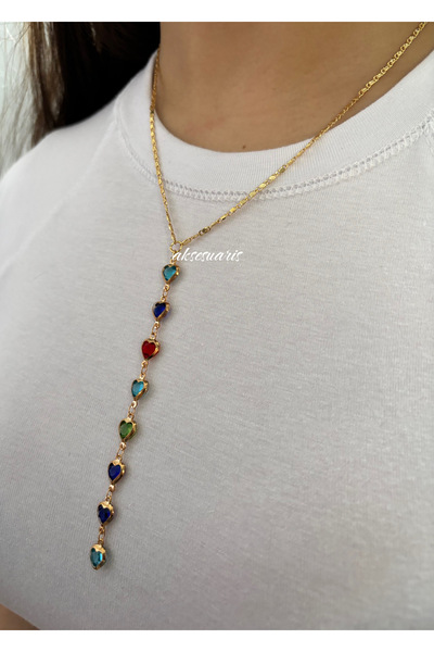 aksesuaris Renkli Kalp Taşlı Y Model Dekolte Kolye