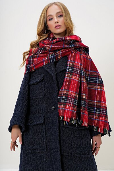 VAGGON Women's Red Plaid Patterned Shawl Prm1356