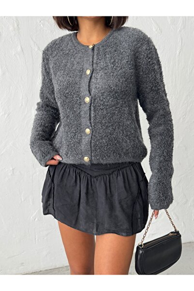 BEJNA Women's Anthracite Towel Woven Buttoned Knitwear Cardigan