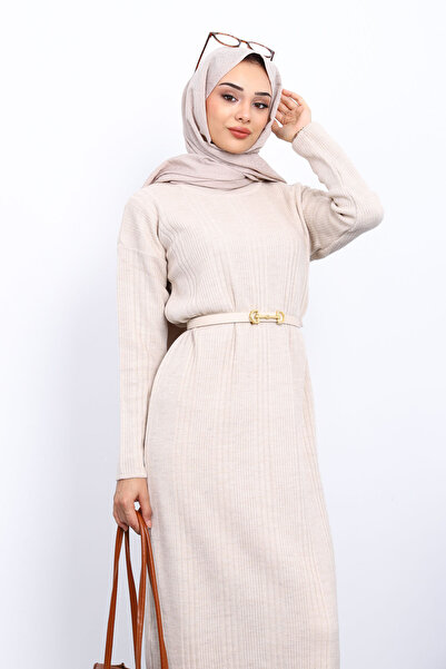 İmajButik Stone Stand Collar Ribbed Mercerized Dress