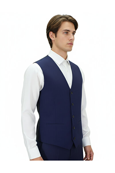 MENTOR REGALO Men's Vest V-Neck Navy Blue Picture Pattern Regular Fit