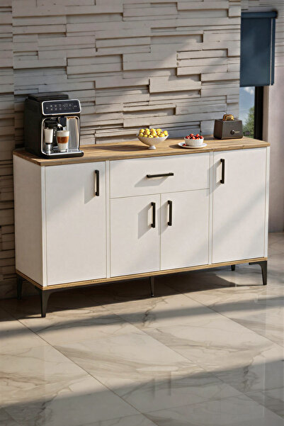 Moonlife Rose 4 Kapaklı Tek Çekmeceli Mutfak,Kiler Dolabı,Kahve Köşesi Çok Amaçlı Dolap Beyaz Çam