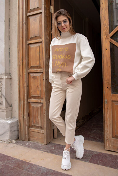 JAXEN Bt15927517 Jeans Cream High Waist Stretch Fabric Mom Boyfrend Pants