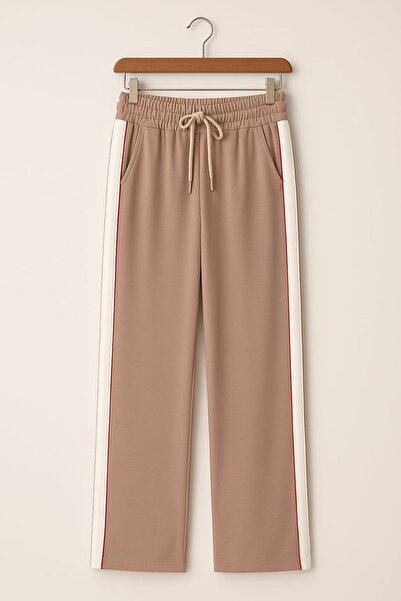 enmodaiçgiyim Bej Yüksek Bel Kalite Esnek Modal Pamuklu Kumaş Bol Paça Cepli Eşofman Altı - Günlük, Rahat Kalıp