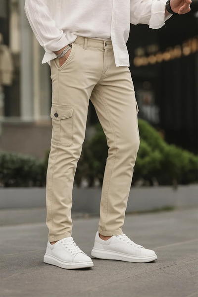 DAMGA JEANS Men's Loose Fit Stretchy Cream Cargo Pocket Pants