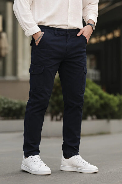 DAMGA JEANS Men's Loose Fit Stretchy Navy Cargo Pocket Trousers