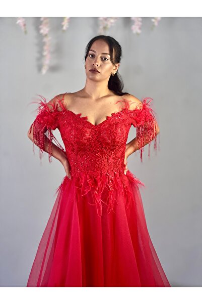 MEDUSA Vespera Kırmızı İçi Balık Dantel İşlemeli Boncuk Sarkaçlı Kına Nişan Abiye Elbise