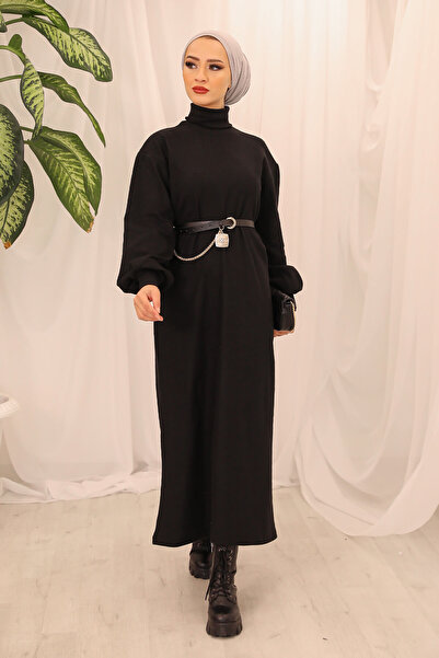 Vibeys Moda فستان تريكو بأكمام بالون وحزام قابل للتركيب