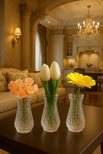 ENYAZA(2024) 3lü Mini Fransız Dantel Kabartma Cam Vazo Seti Çiçeklik