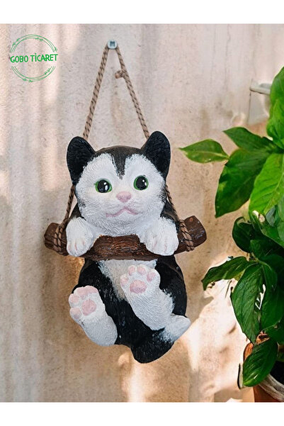 Gobo Dekoratif Sallanan Kedi Figürü–Asma Aparatlı Duvar, Balkon ve Bahçe Süsü...