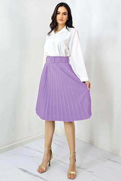 FashionForYou Fusta plisata eleganta Carmen, curea de aceeasi culoare inclusa, Lila