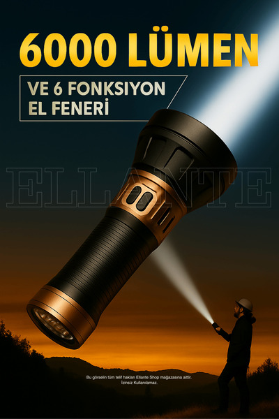 ellante 6000 Lümen Şarjlı Su Geçirmez LED El Feneri – 6 Fonksiyonlu, Yüksek P...