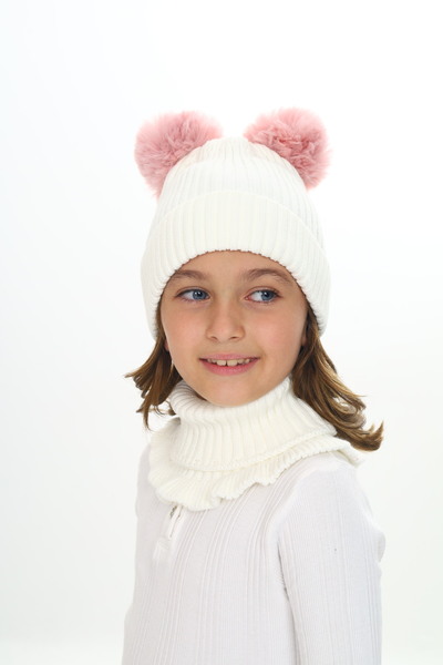Sevimli Girl's Beret Neck Collar Suit with Double Pompom 4-10 Years Old