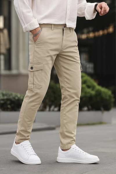 DAMGA JEANS Men's Loose Fit Stretchy Cream Cargo Pocket Pants