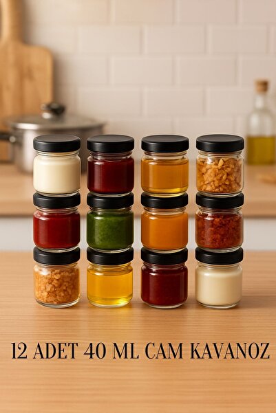 Rotanev 12 Pieces 40 ml Clear Sample Jar with Black Metal Lid for Food Supplement, Confectionery, Jam, Small Glass Jar