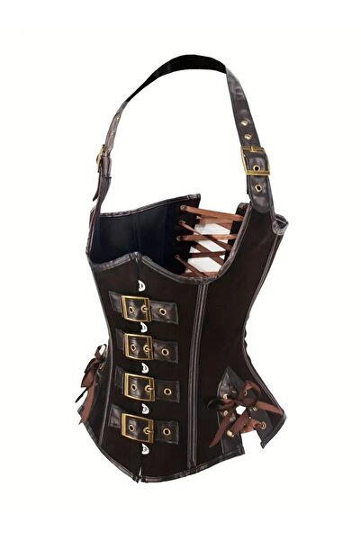 MARCELY Steampunk Deri Görünümlü Kemer Detaylı Korse – Gotik & At Binici Stil