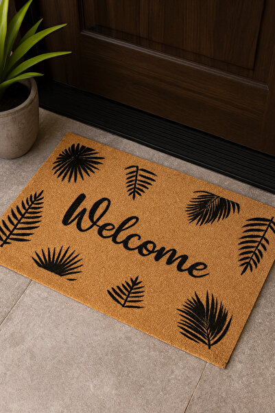 Dormot Koko Textured Door Mat - Leaf Pattern with Welcome Written, Non-Slip Base, 45X70 cm