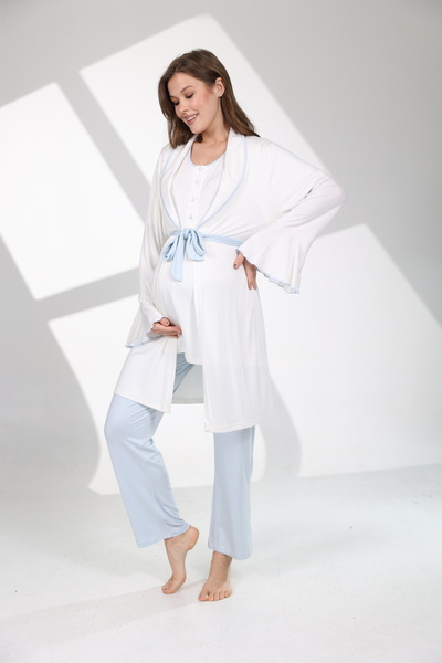 Lohusa Homewear Kadın Mavi Volanlı Özel Tasarım Lohusa Hamile Sabahlık Pijama Takımı Seti