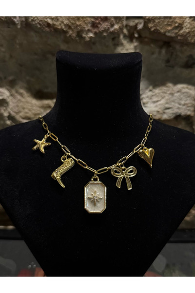 roshel Çelik Altın Ataç Zincirli 5 Charm'lı Kolye Kutup Yıldızı-Çizme-Fiyonk-Deniz Yıldızı-Kalp