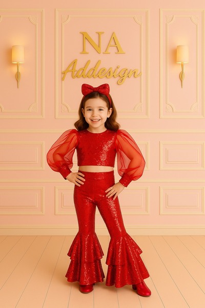 NA ADDESIGN Girl's Sequined Suit Balloon Sleeve Blouse Flared Pants (Fuchsia, Green, Black, Lilac, Red)