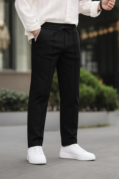 DAMGA JEANS Men's Elastic Waist Flexible Wide Leg Black Trousers