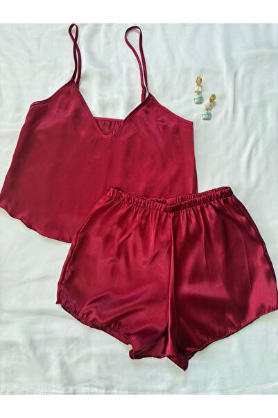 İNKO İÇ GİYİM Burgundy Satin Adjustable Strap Shorts Pajama Set