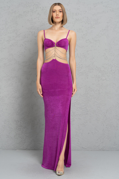 Kikiriki Magenta Beli Zincir Detaylı Maxi Elbise