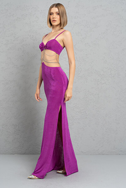 Kikiriki Magenta Beli Zincir Detaylı Maxi Elbise